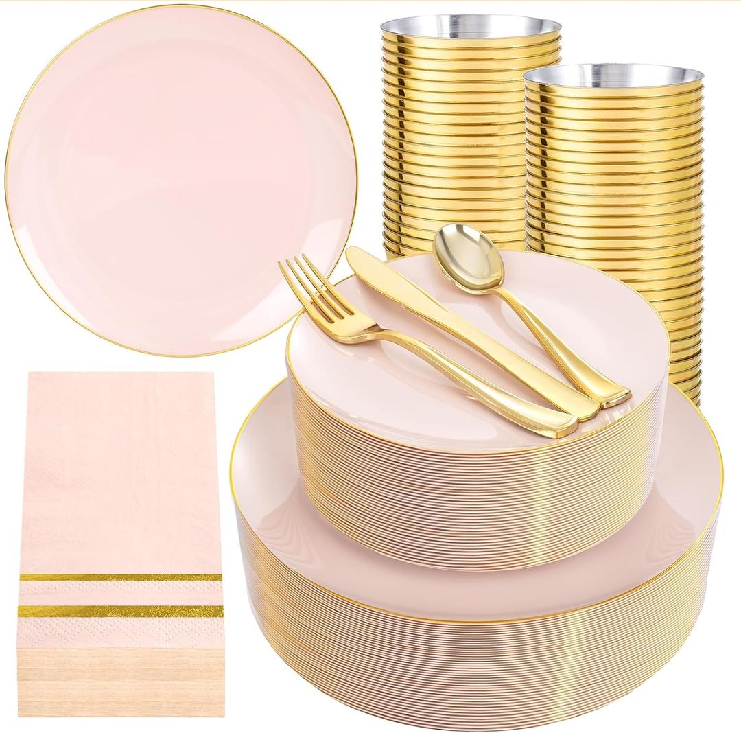 NOCCUR 350PCS Pink and Gold Plastic Plates - Pink Disposable Plastic Dinnerware Set for 50 Guests Include 50 Dinner Plates,50 Dessert Plates,150 Gold Cutlery,50 Cups&50 Napkins for Party&Wedding NOCCUR 350PCS Pink and Gold Plastic Plates - Pink Disposable Plastic Dinnerware Set for 50 Guests Include 50 Dinner Plates,50 Dessert Plates,150 Gold Cutlery,50 Cups&50 Napkins for Party&Wedding