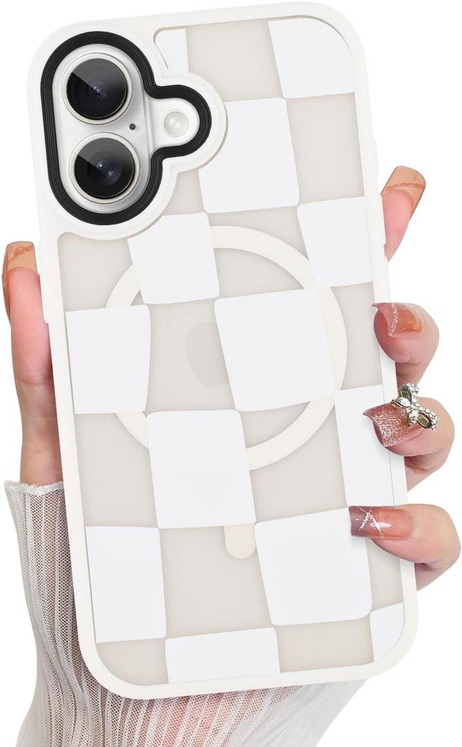 KANGHAR for iPhone 16 Case Checkered Matte Aesthetic Cute Pattern Magnetic [Compatible with Magsafe] Slim Shockproof Full Body Protection for Girls Women -White