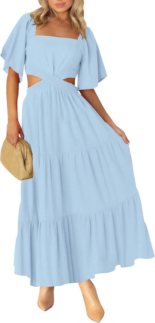 LEANI Women's 2025 Summer Cutout Maxi Dress Square Neck Short Sleeve Crossover Waist Casual Party Dresses, Large