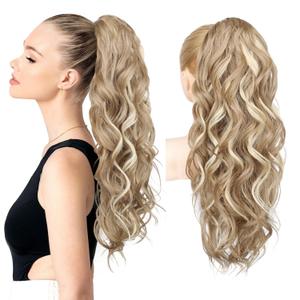 REECHO Ponytail Extension, 24" Claw Clip Ponytail Extension Wavy Ponytails Hair Extensions Jaw Clip on Pony Tails Natural Synthetic Hairpiece for Women Daily, Honey Blonde with Highlights