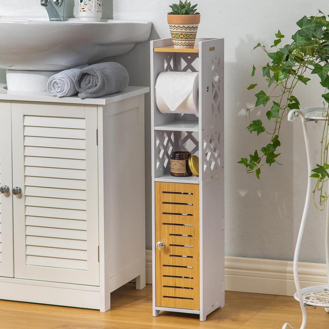 Toilet Paper Holder Stand: Bathroom Stand with Toilet Paper Holder Insert, Slim Storage Cabinet for Small Space (30''H (Pro Rod), White/Bamboo)