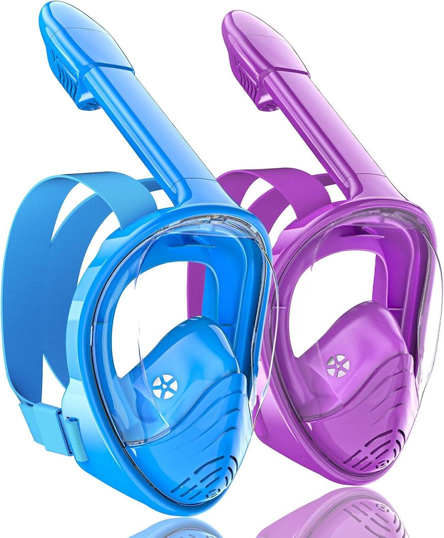 QingSong Kids Snorkel Mask Full Face, Snorkeling Set with Camera Mount, Foldable 180 Degree Panoramic View Snorkeling Gear Anti-Fog Anti-Leak (X-Small, Blue/Purple)