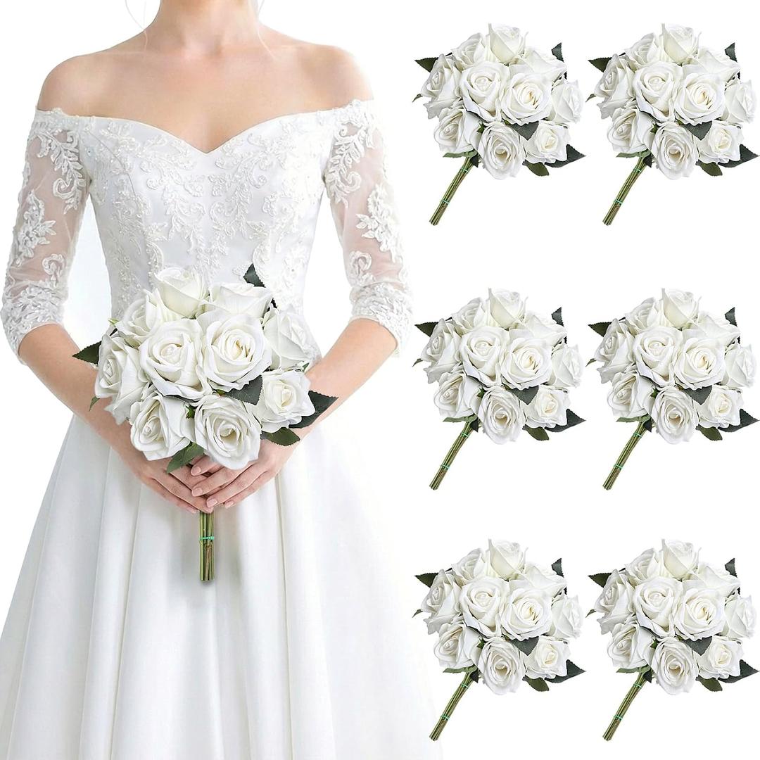 Set of 6 Pre-Made Artificial Rose Bouquets for Wedding, Velvet Silk Rose Bouquets for Bridesmaids, Fake Realistic Rose for Mohter's Day Valentine's Day Proposal Party Home Decor (White)