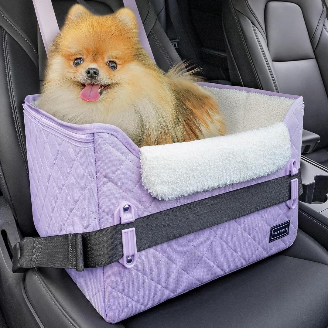 PETSFIT Dog Car Seats for Small Dogs – Patented Safety Buckles – Safety Tether – Foldable Travel Cat Car Seat Reduces Anxiety & Road Trips – Stable Frame, Fits Front/Back Seat (Lavender Purple)