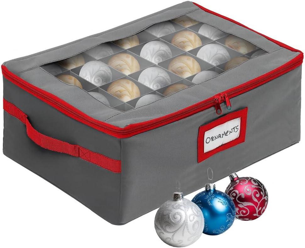 HOLDN STORAGE Christmas Ornament Storage Box with Dividers - Fits 48-3 Ornaments, 2 Removable Trays, Durable & Space-Saving, Clear Top Lid, Fits Underbed, Grey 