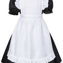 Irtysh Girl Blue Dress White Apron Halloween Cosplay Costume With Bow Hair Band Stockings Set (Black)