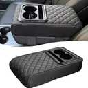 Car Center Console Cover, Leather Car Armrest Cover with Cup Holder, Phone Slot, Waterproof Arm Rest Protector Cushion Automotive Accessories (Black) (1 PC)