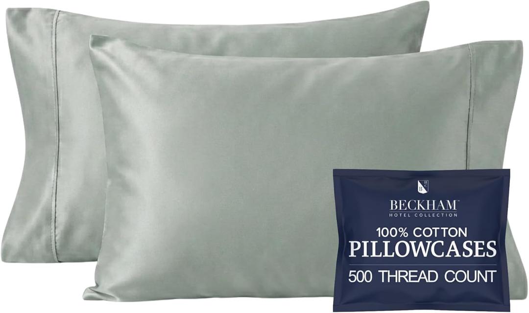 Beckham Hotel Collection Pillowcases Queen Size Set of 2, Cool Touch Cotton Sateen Fabric, 500TC, Silky Smooth & Soft, Open End, Aqua Gray