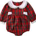 Baby Girl Christmas Dress Matching Newborn Girl Bodysuit Plaid Lace Princess Skirt Family Clothing (12-18 Months, Romper/Long Sleeve)