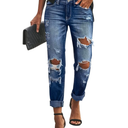 Women's Ripped Mid Waisted Boyfriend Jeans Loose Fit Distressed Stretchy Denim Pants, XL