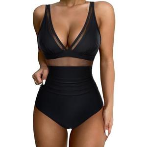 SUUKSESS Women Sexy Mesh Tummy Control Swimsuit Push Up High Waisted Bathing Suit, Medium