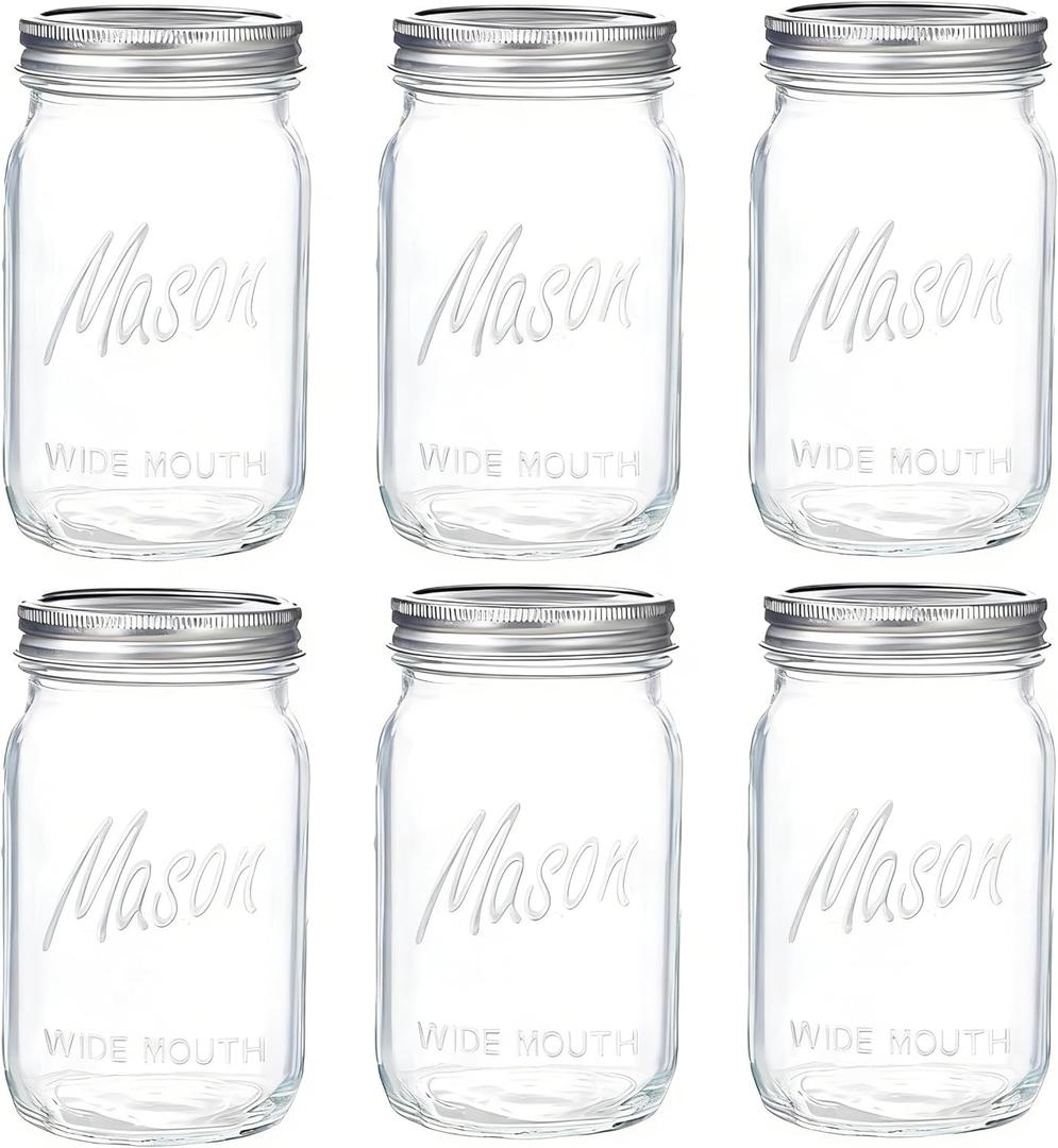 WELLIFE Wide Mouth Mason Jars, 6 Pack Mason Jars 32 oz for Pickling, Canning, Fermenting and Food Storage, Microwave & Dishwasher Safe