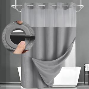 No Hook Shower Curtain and Liner Set,Grey Hotel Waffle Shower Curtain with Liner 75" L x 72" W