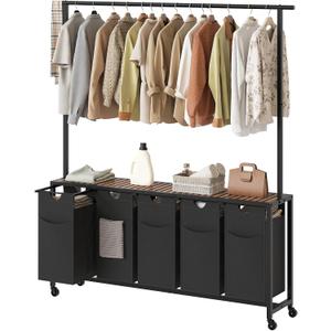 Laundry Hamper, Laundry Sorter 5 Section, Rolling Laundry Basket, Laundry Sorter with Hanging Bar, Hampers for Laundry, Laundry Basket Organizer for Laundry Room, Rustic Brown LS57BR (63.8"L x 11.8"W x 70.9"H)