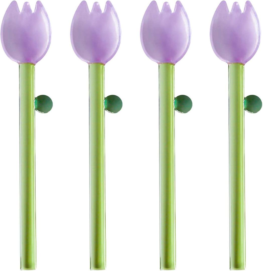 4 Pcs Borosilicate Color Transparent Glass Spoons,Cute Flower Long Handle Spoons for Ice Cream Dessert Coffee Stirring (Purple Bud Spoon)