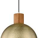 ELYONA Vintage Pendant Light Fixtures, 12” Brushed Brass Hammered Metal & Rubber Wood Industrial Dome Hanging Lamp, Antique Gold Kitchen Pendant Light for Island, Farmhouse, Sink, Dining Room, Hallway