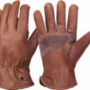 Retro Brown Cowhide Leather Work Gloves for Construction, Yardwork, Gardening with Reinforced Palm for Men & Women (Large)