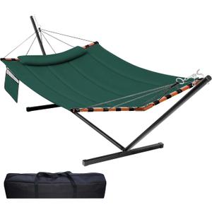TegerDeger 12FT 2 Person Hammock with Stand Included 55 x 79IN Large Hammock 450LB Capacity with Hardwood Spreader Bar & Nylon Rope for Outside, Patio, Garden, Backyard, Beach, Poolside - Dark Green