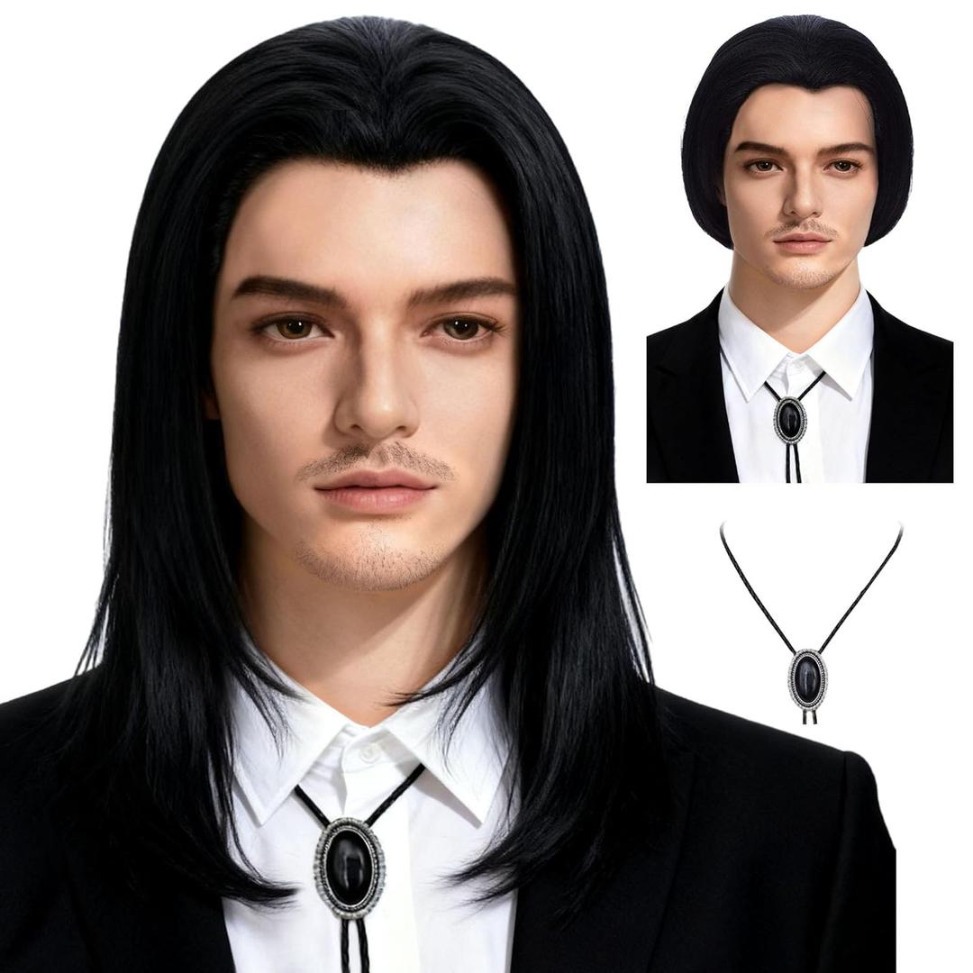 Mens 70s hippie Short Straight Black Vincent Vega Costume Wig with Widows Peak + 1 Bolo Tie