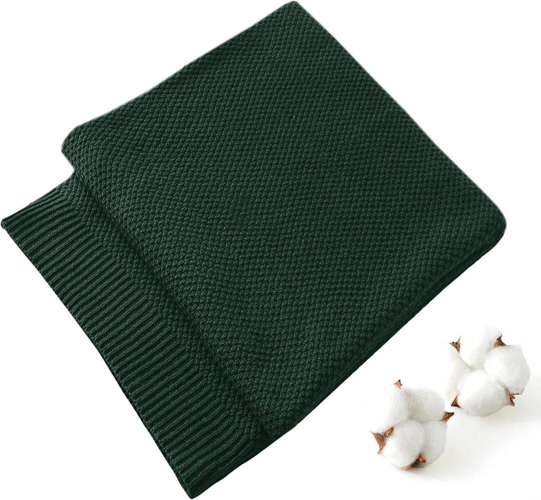 TREELY 100% Cotton Knitted Throw Blanket for Couch Chair Bed Home Decorative, Soft & Cozy Knit Throw Blanket (60"x80", Dark Green)
