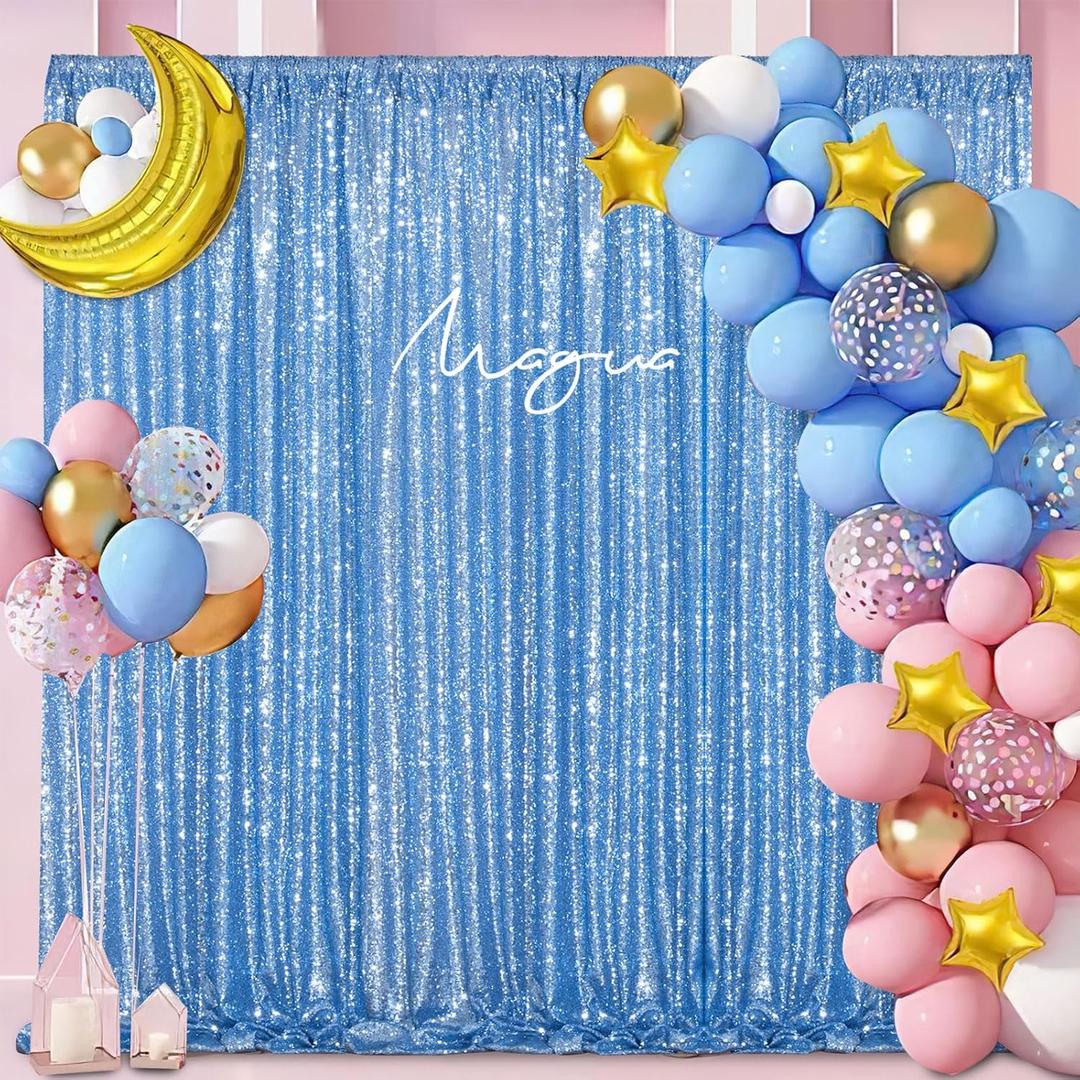 Baby Blue Glitter Sequin Backdrop Curtains 2 Pcs 5FTx10FT Baby Shower Party Backdrop for Boy Gorgeous Photography Fabric Drapes
