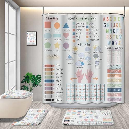 4 Pcs Kids Educational Shower Curtain Sets with Non-Slip Rugs Boho Watercolor ABC Alphabet Pastel Numbers Shapes Colors Weather Knowledge Child Nursery Bathroom Decor Polyester Fabric 72*72in