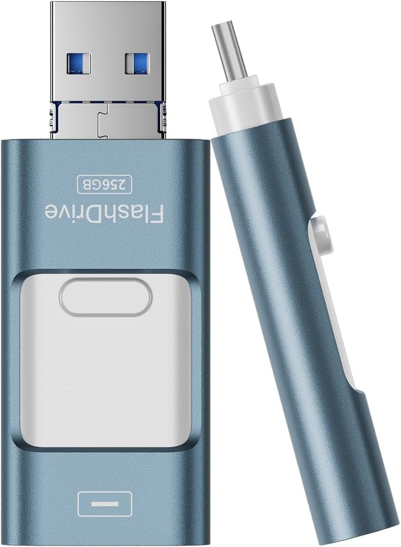Flash Drive for iPhone 256GB, 4 in 1 USB Type C Memory Stick, Photo Stick External Storage Thumb Drive for iPhone iPad Android Computer, Sky Blue (A-Sky Blue)