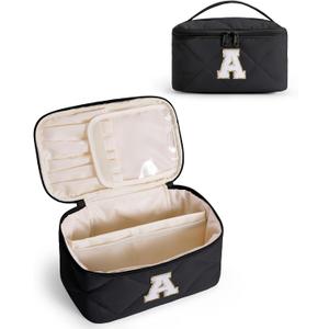 Wandering Nature Puffer Initial Makeup Bag, Personalized Travel Make Up Organizer Cosmetic Bags with Brush Holder and Divider, Gift with Chenille Letter for Moms, Wives, Girlfriend, Besties (A, Black)