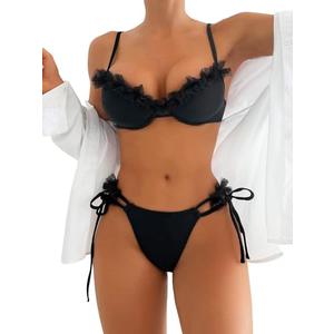 MakeMeChic Women's 2 Piece Bikini Sets Push Up Swimsuit Underwire Backless Tie Side High Cut Bathing Suit Black, Size small