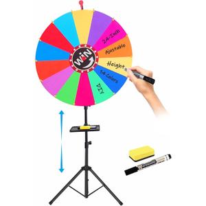 24 Inch Prize Wheel, Adjustable 35"-61" Height Spinning Wheel for Prizes, 14 Color Dry Erase Slots with Metal Tripod Stand, DIY Spinner Wheel for Carnival, Trade Show, Party, Family Game