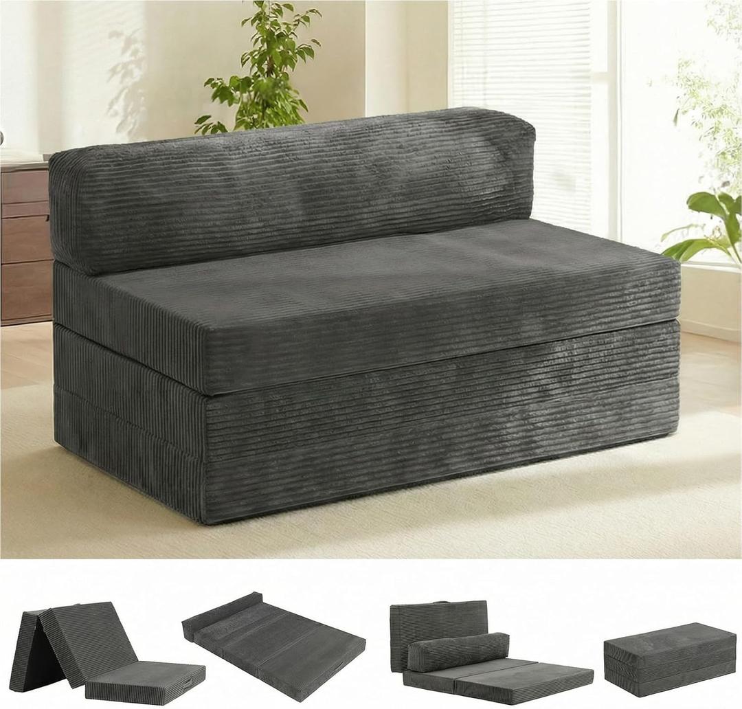 5-in-1 Convertible Sofa Bed, Boneless Loveseat Sleeper with Removable Cushions & Washable Corduroy Cover, Futon Sofa Bed with Handle, Pull Out Couch for Small Spaces, Full Size, Grey