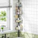 Corner Shower Caddy Tension Pole4 Tier Adjustable Bathroom Organizer ShelvesInside Shower Storage With Hidden Hook & Towel Holder,63.7-119 Inch No-Drill Quick Installation Shower Rack, Black