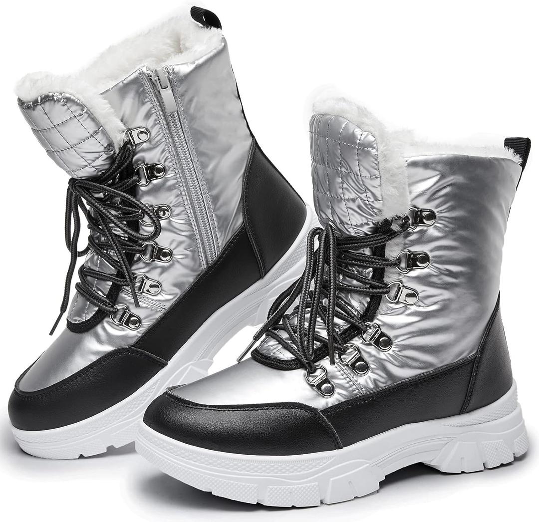Rominz Womens Winter Snow Boots with Zipper Warm Fur Lined Mid Calf Ankle Booties for Women Comfortable Outdoor Anti Slip Boots (7, Silver)