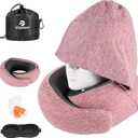 Travel Pillow - Hooded Neck Pillow Airplane Memory Foam Filling for Plane, Cars Sleeping, Road Trip, Long Flights, Portable Plane Accessories, Includes Eye Mask & Earplugs (Red)