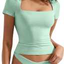 SUUKSESS Women Double Lined Fitted Basic Tee Square Neck Short Sleeve Y2K Crop Top (Green, L)