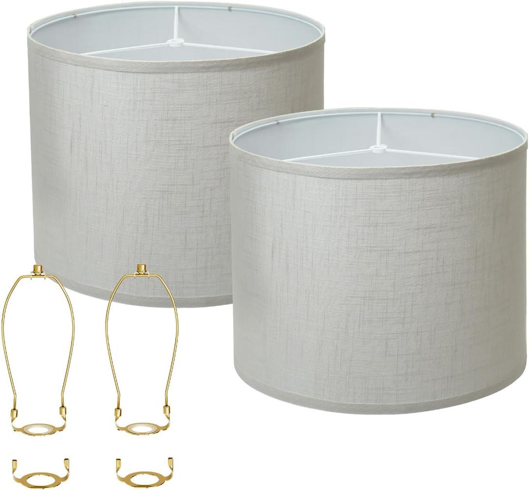 White lamp shades,linen lamp shade,lampshades set of 2 with 2 lamp shade harp,drum lamp shades for table lamps,15" Top X 15" Bottom X 12" H,Spider Fitter, Easy Assembly Required