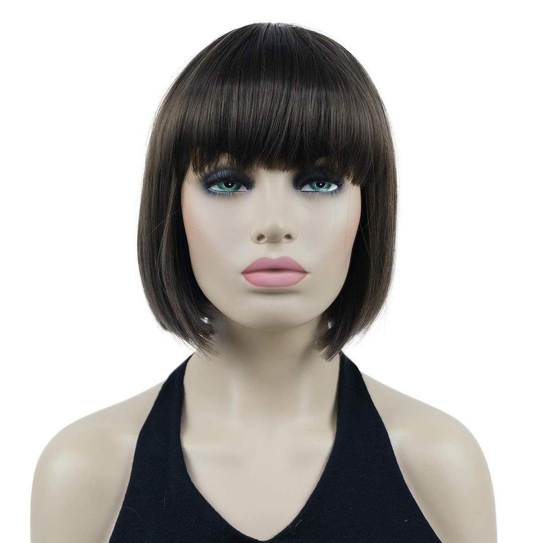 Lydell 8" Straight Short Bob Hair Flat Bangs Cute Central Dot Skin Top Heat Resistant Synthetic Wig in Light Chestnut Brown