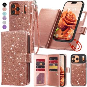 Varikke for iPhone 17 Pro Max Wallet Case Detachable with RFID Blocking Card Holder for Women, Glitter PU Leather Strap Magnetic Flip Removable Phone Case Cover for iPhone 17 Pro Max 6.9", Rose Gold