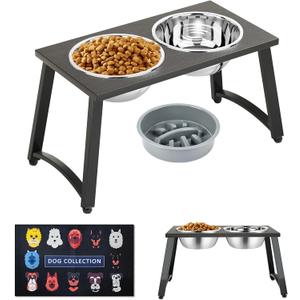 Elevated Dog Bowl with 2 Stainless Steel Bowls for Large Dogs, Raised Dog Bowl Stand for Pet Food and Water, 1700ML Capacity, 11.2" Tall (Coffee-Slow Bowls & Mat)
