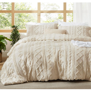 Bedsure Tufted Boho Comforter Set Queen Size - Beige Boho Bed Set, GentleSoft™ 3 Pieces Farmhouse-Style Embroidery Bedding, Gifts for Woman, Soft Jacquard Queen Comforter for All Seasons