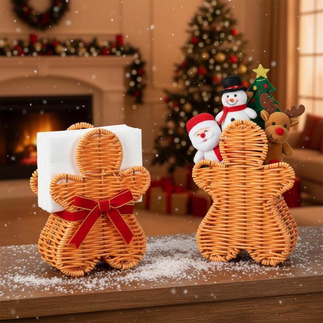 Chunful 2 Pcs Christmas Gingerbread Man Napkin Holder Rattan Christmas Gingerbread Decoration Utensil Cocktail Tissue Towel Paper Dispenser Storage Xmas Woven Basket Gift Table Kitchen Dinner Party