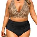 Daci Plus Size High Waisted Bikini - Two Piece Swimsuit Tummy Control Bathing Suit Sexy V Neck Swimwear 2025 22W, Brown Lepoard