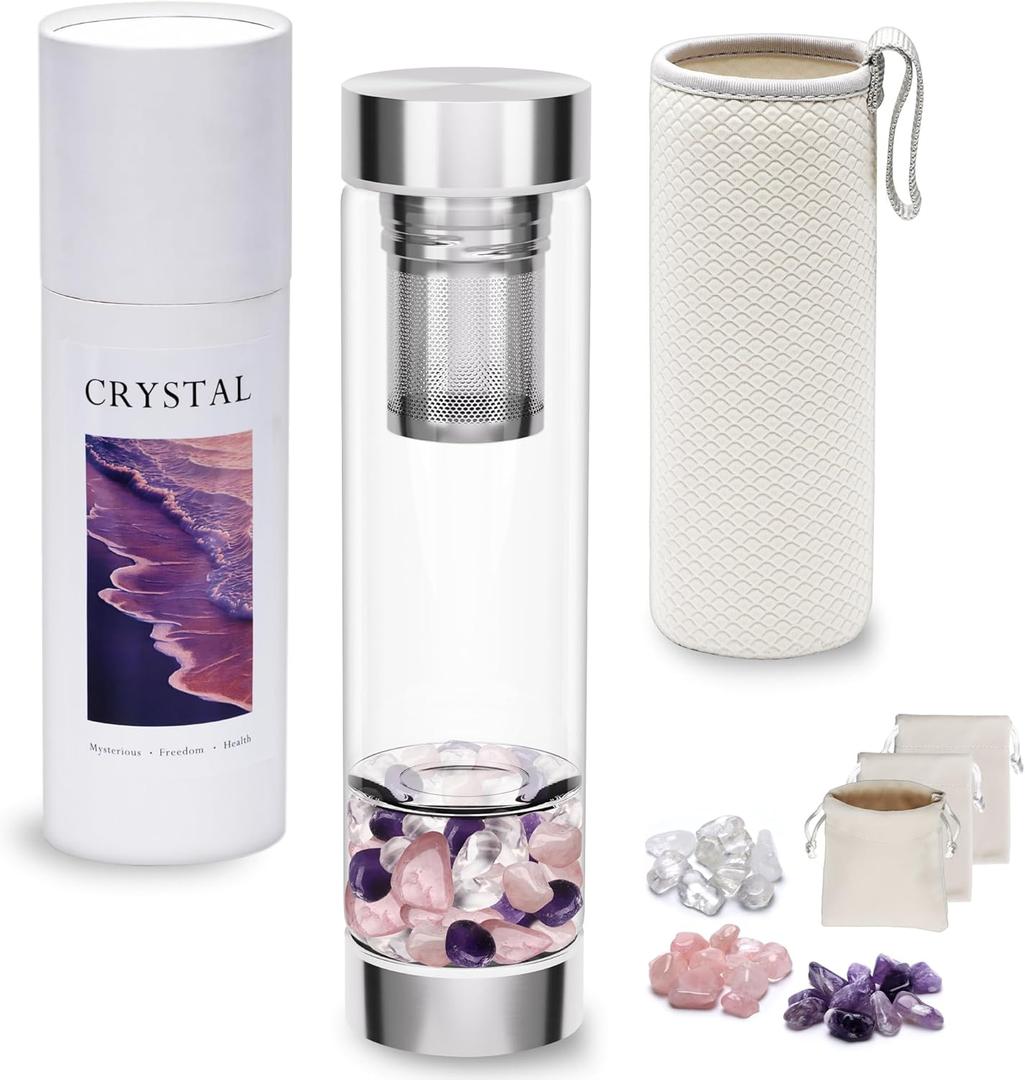 500ml Crystal Water Bottle with Removable Strainer - Includes Amethyst & Rose Quartz Stones, for Tea Lovers (16.9 Ounces)