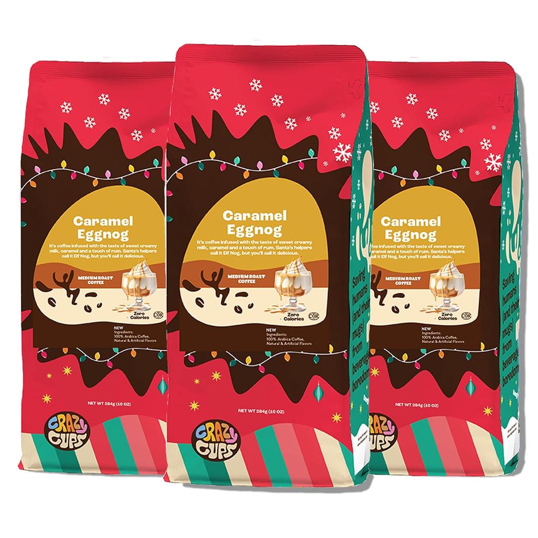 Crazy Cups Flavored Ground Eggnog Coffee, Caramel Eggnog in 10 oz Bag, 3 Pack, Best By: 08/2026
