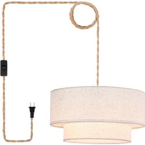 Plug in Pendant Light, 2-Tier Drum Linen Pendant Lights with 15.7FT Handmade Woven Light Cord17.7" Plug in Chandelier for Dining Room Kitchen Island and Bedroom (Beige)