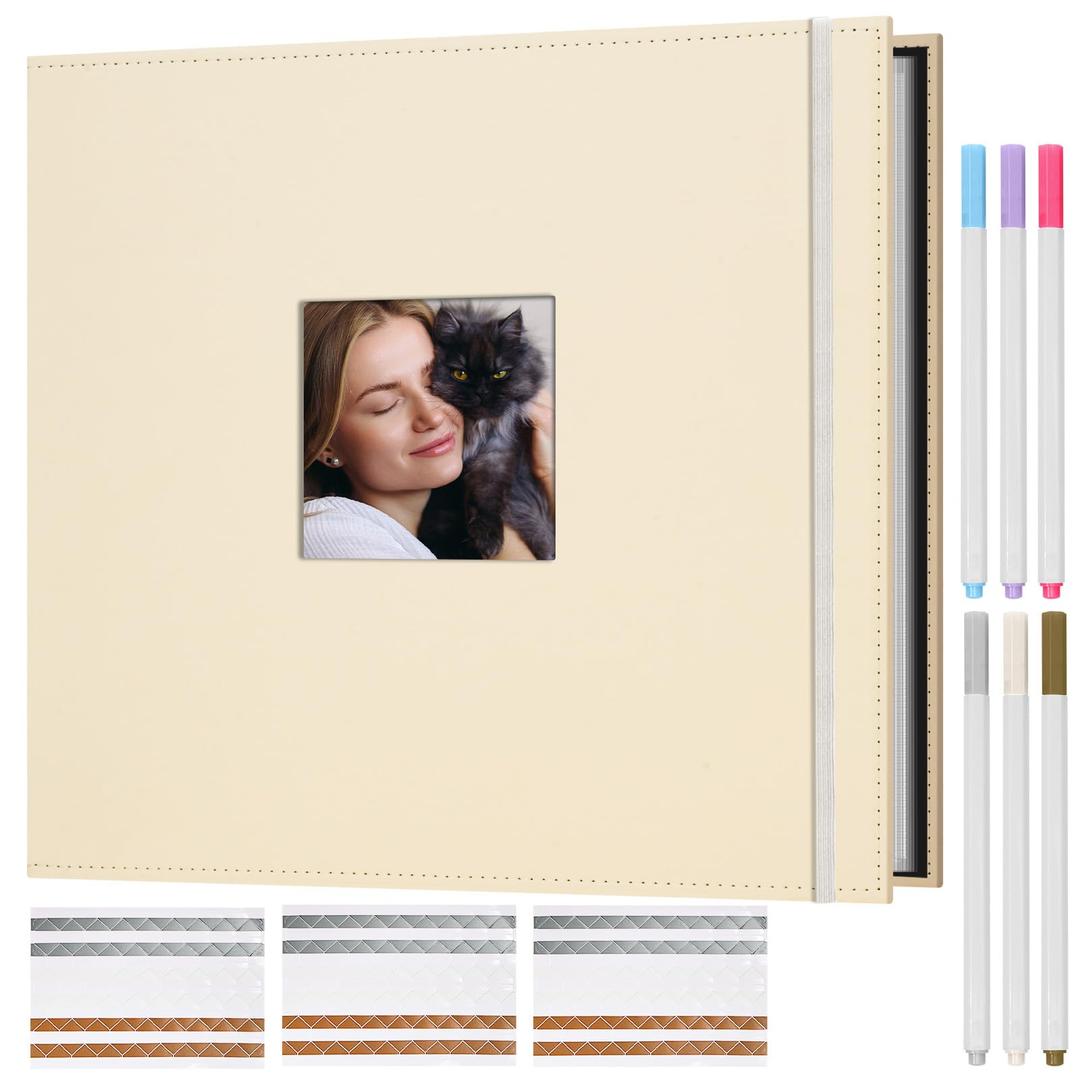 Hiwhy Scrapbook Photo Album, 3 Ring 12"x12" DIY Photo Album, Memory Scrapbook with 30 Sleeves 60 Pages, Perfect for Wedding, Travel, Family, Beige