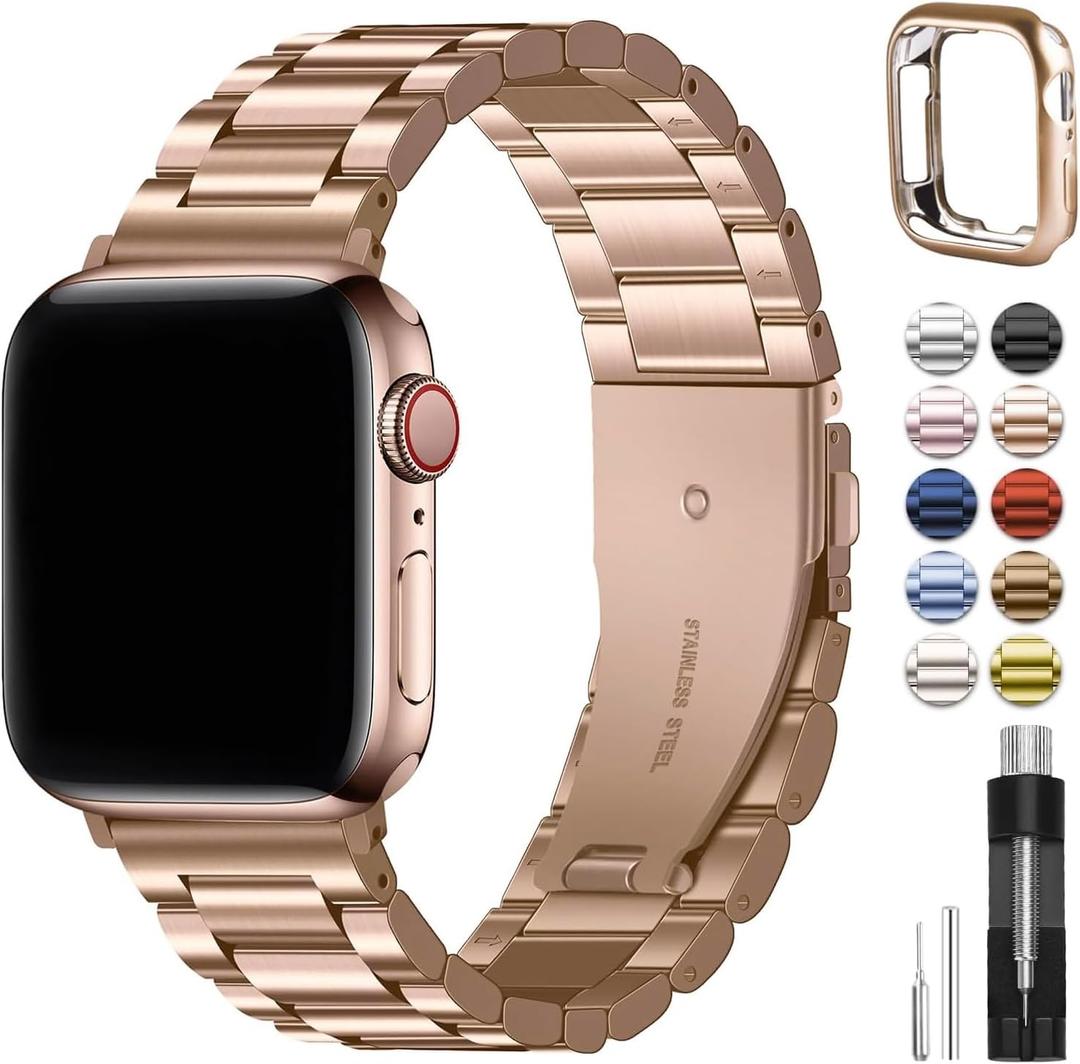 Fullmosa Compatible Apple Watch Bands 45mm 44mm 42mm, Metal iWatch Band with Case for Apple Watch Series 9 8 7 6 5 4 3 2 1 SE SE2, Rose Gold