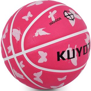 KUYOTQ Kids Youth Adult Size 3/4/5/6/7 (22/25.5/27.5/28.5/29.5") Basketball Premium Rubber or Faux Leather Basketball Indoor Outdoor Basketball for Boys Girls Womens Mens Basketball Gifts (Deflated) (Pink Butterfly)