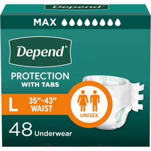 Depend Incontinence Protection with Tabs, Unisex, Large (3549" Waist, over 170 lbs), Maximum Absorbency, 48 Count (3 Packs of 16)