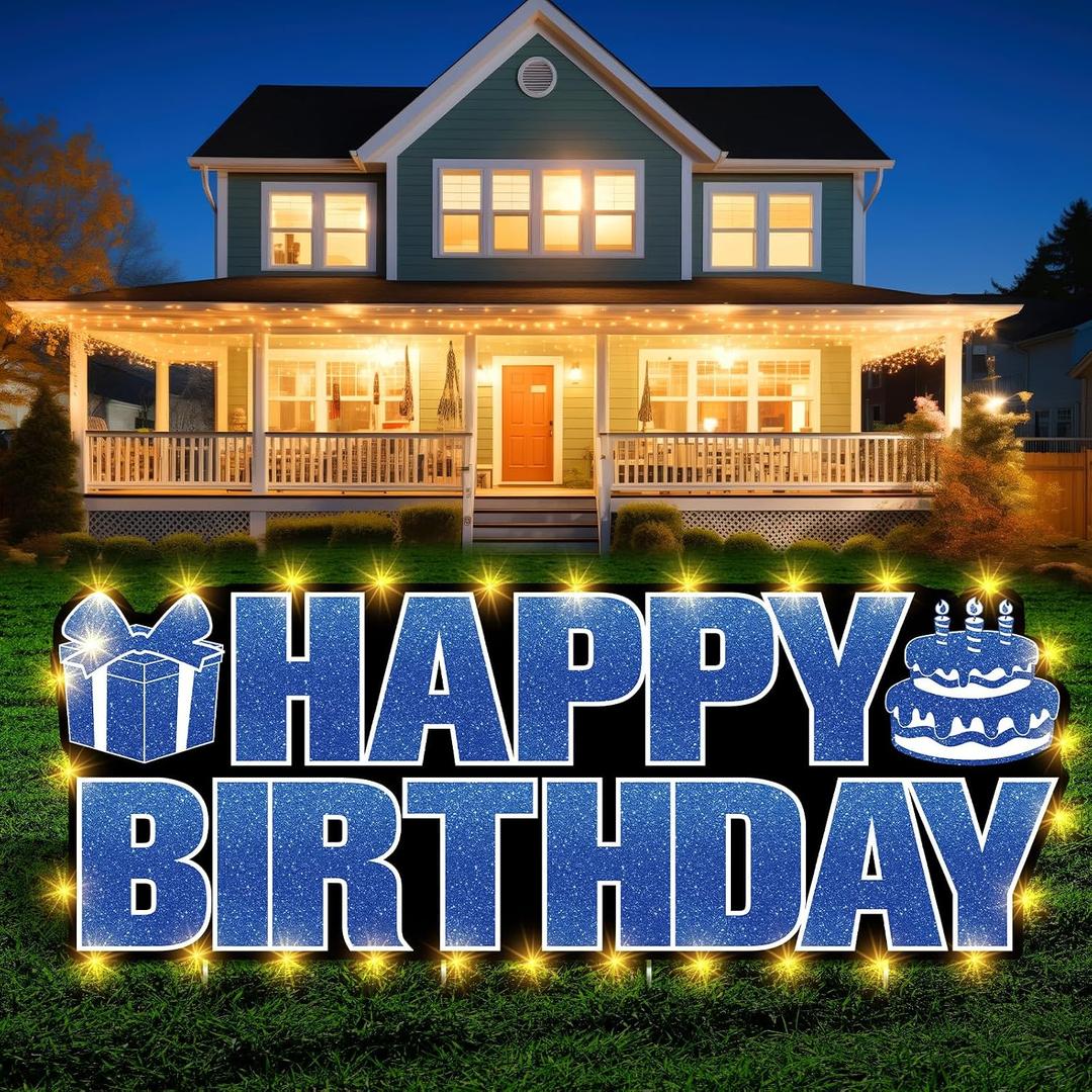 Large Happy Birthday Yard Sign with Stakes,Glow Blue Happy Birthday Decorations Outdoor Lawn Garden Signs with LED Lights for Men Women Boys Girls Birthday Party Supplies Decor Front Home